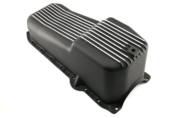 Aluminum Oil Pan – Fits 1986–2002 Chevy Small Block 262–400 – Retro Finned – Black Finish