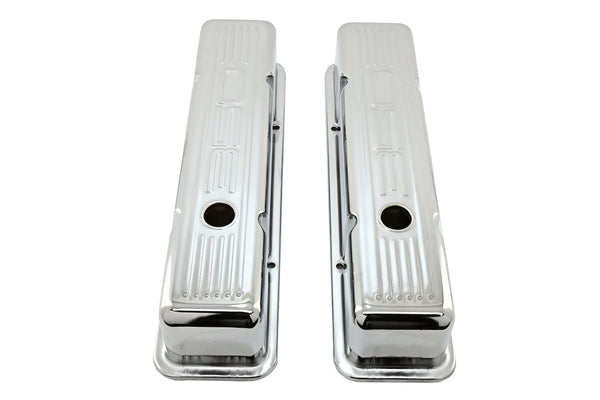 Tall Steel Valve Covers – Fits 1958–1986 Chevy Small Block 283‑305‑327‑350 (Stamped “350” Logo, 1 Hole Each) – Chrome Finish