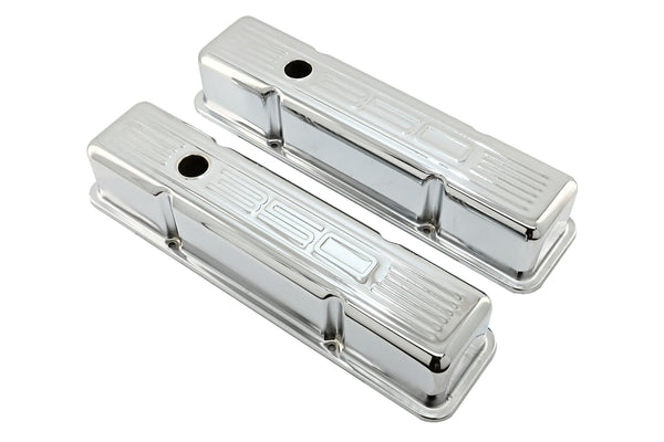 Tall Steel Valve Covers – Fits 1958–1986 Chevy Small Block 283‑305‑327‑350 (Stamped “350” Logo, 1 Hole Each) – Chrome Finish