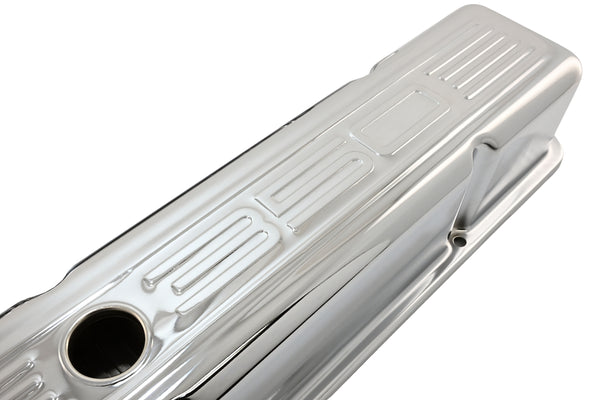 Tall Steel Valve Covers – Fits 1958–1986 Chevy Small Block 283‑305‑327‑350 (Stamped “350” Logo, 1 Hole Each) – Chrome Finish