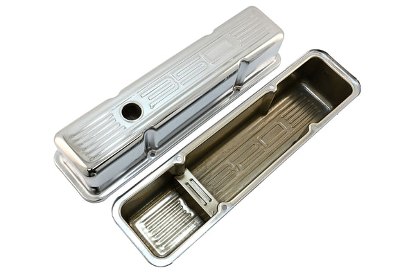 Tall Steel Valve Covers – Fits 1958–1986 Chevy Small Block 283‑305‑327‑350 (Stamped “350” Logo, 1 Hole Each) – Chrome Finish