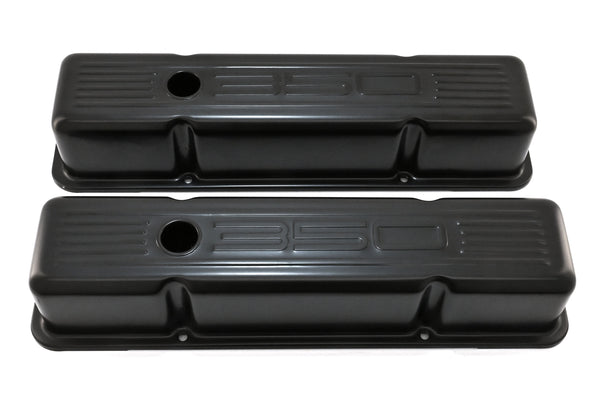 Tall Steel Valve Covers – Fits 1958–1986 Chevy Small Block 283‑305‑327‑350 (Stamped “350” Logo, 1 Hole Each) – Black Finish