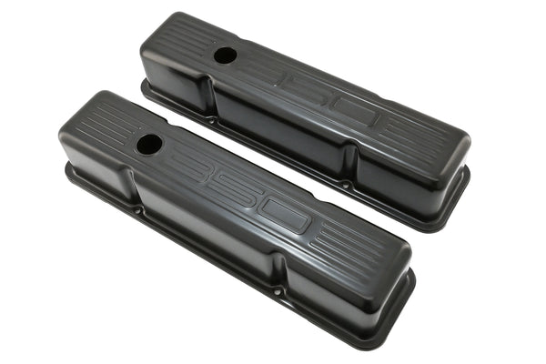 Tall Steel Valve Covers – Fits 1958–1986 Chevy Small Block 283‑305‑327‑350 (Stamped “350” Logo, 1 Hole Each) – Black Finish
