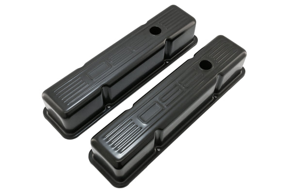 Tall Steel Valve Covers – Fits 1958–1986 Chevy Small Block 283‑305‑327‑350 (Stamped “350” Logo, 1 Hole Each) – Black Finish