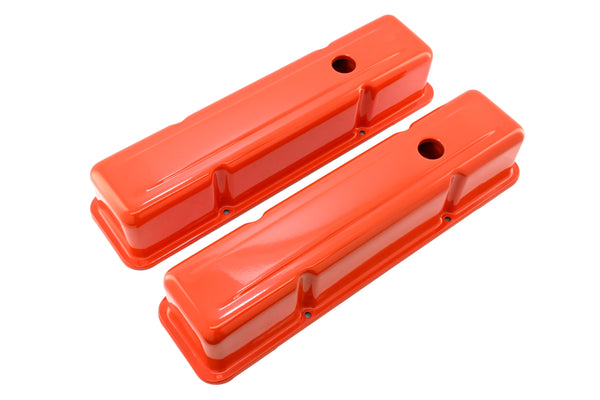 Steel Tall Valve Covers – Fits 1958–86 Chevy Small Block 283-400 – 1 Hole – Orange