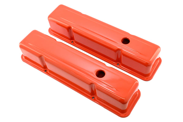 Steel Tall Valve Covers – Fits 1958–86 Chevy Small Block 283-400 – 1 Hole – Orange