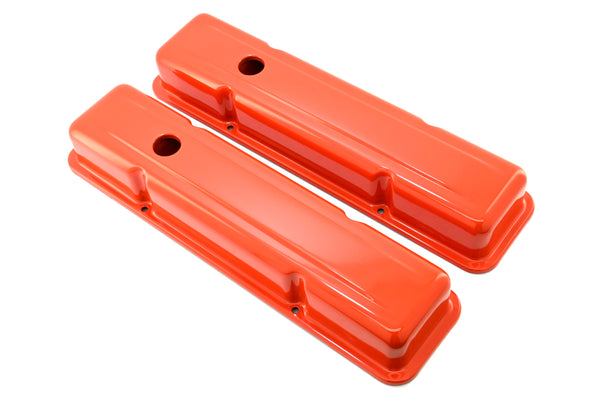 Steel Short Valve Covers – Fits 1958–86 Chevy SB 283-305-327-350-400 – Smooth – Orange