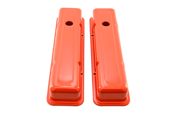 Steel Short Valve Covers – Fits 1958–86 Chevy SB 283-305-327-350-400 – Smooth – Orange