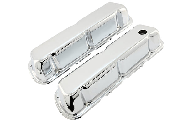 Steel Valve Covers Fits 1986–95 Ford 302 5.0L Fox‑Body Mustang – Smooth – 1 Hole & 1 No‑Hole – Chrome