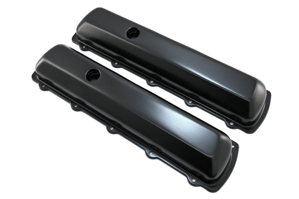 Steel Valve Covers – Fits 1964–1980 Oldsmobile 330‑350‑400‑425‑455 (Stock Height, 1 Push‑In Hole, Smooth Top) – Black Finish