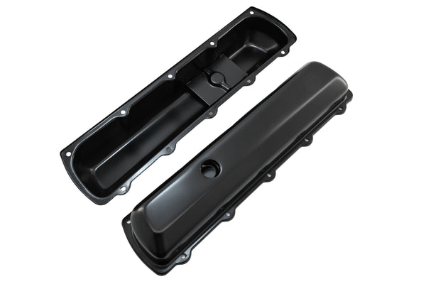 Steel Valve Covers – Fits 1964–1980 Oldsmobile 330‑350‑400‑425‑455 (Stock Height, 1 Push‑In Hole, Smooth Top) – Black Finish