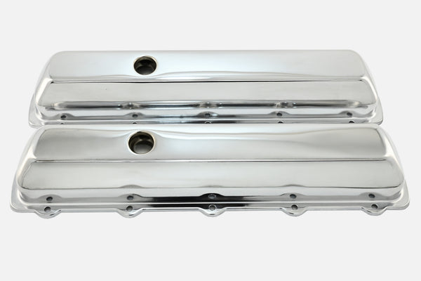 Steel Valve Covers – Fits 1964–1980 Oldsmobile 330‑350‑400‑425‑455 (Stock Height, 1 Push‑In Hole, Smooth Top) – Chrome Finish