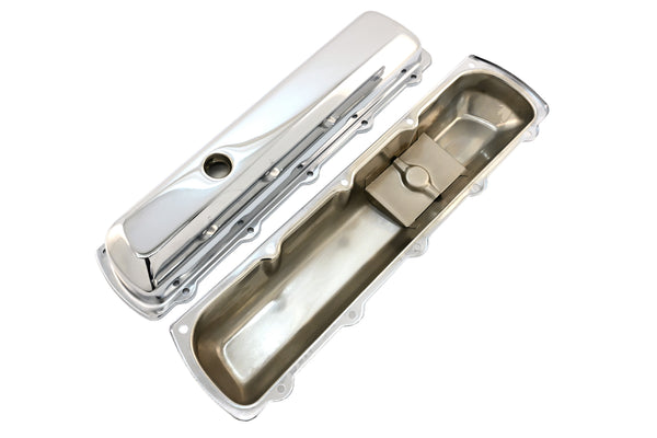 Steel Valve Covers – Fits 1964–1980 Oldsmobile 330‑350‑400‑425‑455 (Stock Height, 1 Push‑In Hole, Smooth Top) – Chrome Finish