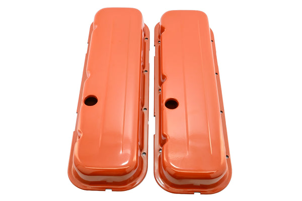 Steel Short Valve Covers – Fits 1965–95 Chevy BB 396-427-454-502 – 1 Hole – Orange