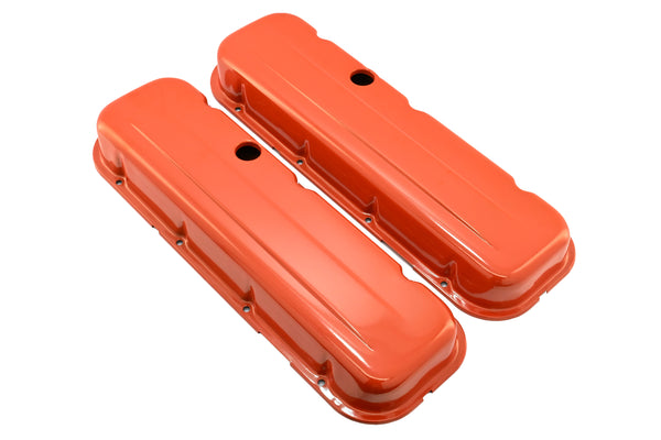 Steel Short Valve Covers – Fits 1965–95 Chevy BB 396-427-454-502 – 1 Hole – Orange