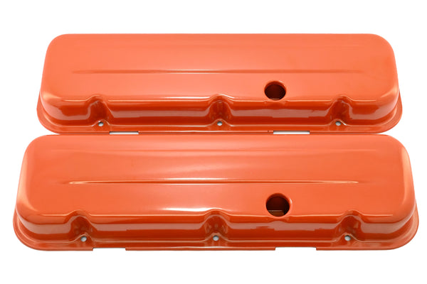 Steel Short Valve Covers – Fits 1965–95 Chevy BB 396-427-454-502 – 1 Hole – Orange
