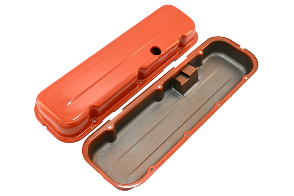 Steel Short Valve Covers – Fits 1965–95 Chevy BB 396-427-454-502 – 1 Hole – Orange