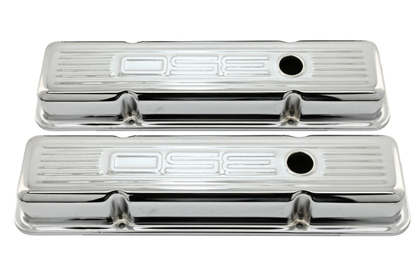 Steel Valve Covers for 1958–1986 Chevy Small Block 283-305-327-350 – Short Style – Stamped 350 Logo with Ball Mill – Chrome