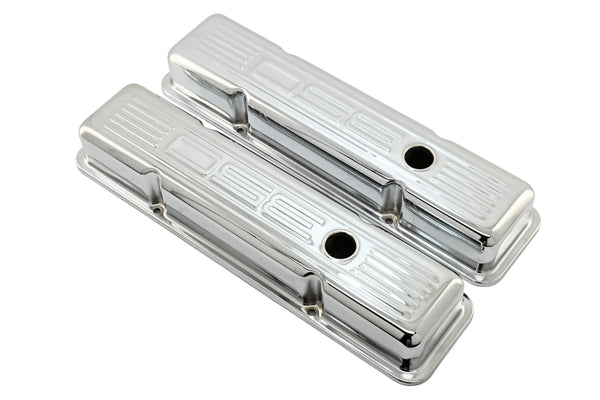 Steel Valve Covers for 1958–1986 Chevy Small Block 283-305-327-350 – Short Style – Stamped 350 Logo with Ball Mill – Chrome