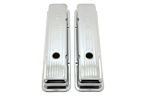 Steel Valve Covers for 1958–1986 Chevy Small Block 283-305-327-350 – Short Style – Stamped 350 Logo with Ball Mill – Chrome
