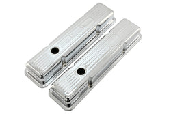 Steel Valve Covers for 1958–1986 Chevy Small Block 283-305-327-350 – Short Style – Stamped 350 Logo with Ball Mill – Chrome