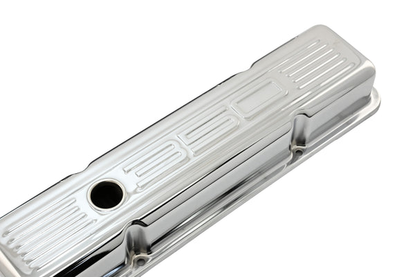 Steel Valve Covers for 1958–1986 Chevy Small Block 283-305-327-350 – Short Style – Stamped 350 Logo with Ball Mill – Chrome