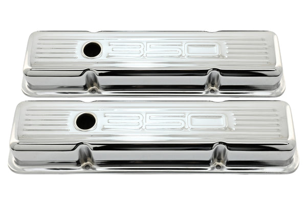 Steel Valve Covers for 1958–1986 Chevy Small Block 283-305-327-350 – Short Style – Stamped 350 Logo with Ball Mill – Chrome