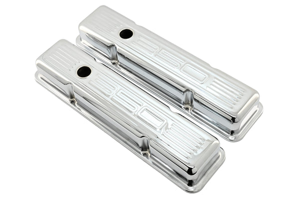 Steel Valve Covers for 1958–1986 Chevy Small Block 283-305-327-350 – Short Style – Stamped 350 Logo with Ball Mill – Chrome