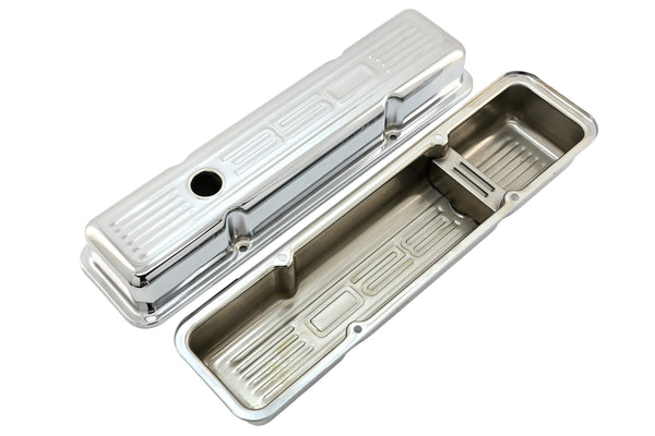 Steel Valve Covers for 1958–1986 Chevy Small Block 283-305-327-350 – Short Style – Stamped 350 Logo with Ball Mill – Chrome