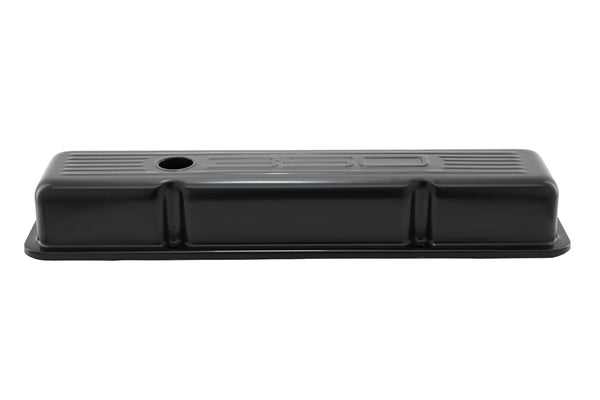 Steel Valve Covers for 1958–1986 Chevy Small Block 283-305-327-350 – Short Style – Stamped 350 Logo with Ball Mill – Black