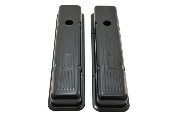 Steel Valve Covers for 1958–1986 Chevy Small Block 283-305-327-350 – Short Style – Stamped 350 Logo with Ball Mill – Black