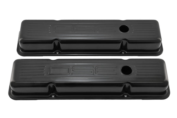Steel Valve Covers for 1958–1986 Chevy Small Block 283-305-327-350 – Short Style – Stamped 350 Logo with Ball Mill – Black