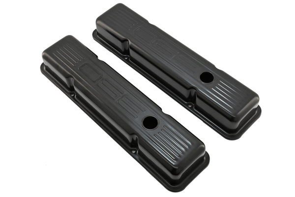 Steel Valve Covers for 1958–1986 Chevy Small Block 283-305-327-350 – Short Style – Stamped 350 Logo with Ball Mill – Black