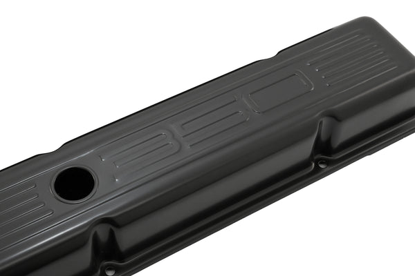 Steel Valve Covers for 1958–1986 Chevy Small Block 283-305-327-350 – Short Style – Stamped 350 Logo with Ball Mill – Black