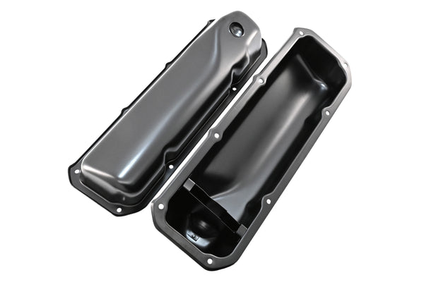 1969-82 FORD SMALL BLOCK 351C-351M-400M-BOSS 302 STEEL VALVE COVERS - BLACK V8 LOGO