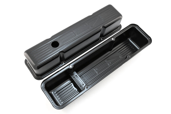 1958-86 CHEVY SMALL BLOCK 327 TALL STEEL VALVE COVERS - EDP BLACK W- 327 LOGO