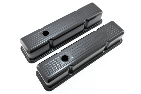 1958-86 CHEVY SMALL BLOCK 327 TALL STEEL VALVE COVERS - EDP BLACK W- 327 LOGO