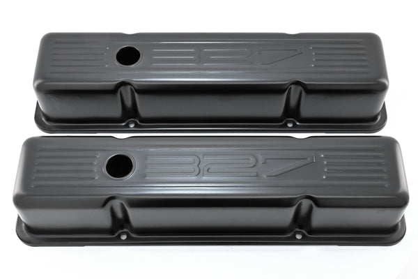1958-86 CHEVY SMALL BLOCK 327 TALL STEEL VALVE COVERS - EDP BLACK W- 327 LOGO