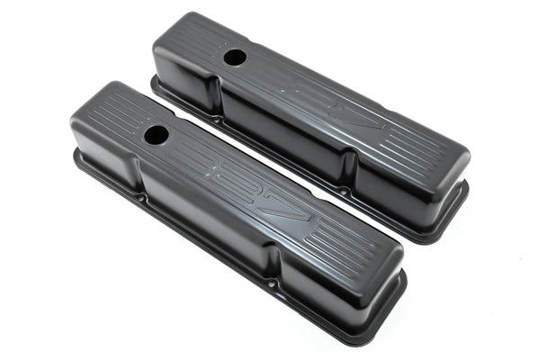 1958-86 CHEVY SMALL BLOCK 327 TALL STEEL VALVE COVERS - EDP BLACK W- 327 LOGO