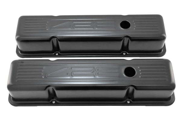1958-86 CHEVY SMALL BLOCK 327 TALL STEEL VALVE COVERS - EDP BLACK W- 327 LOGO