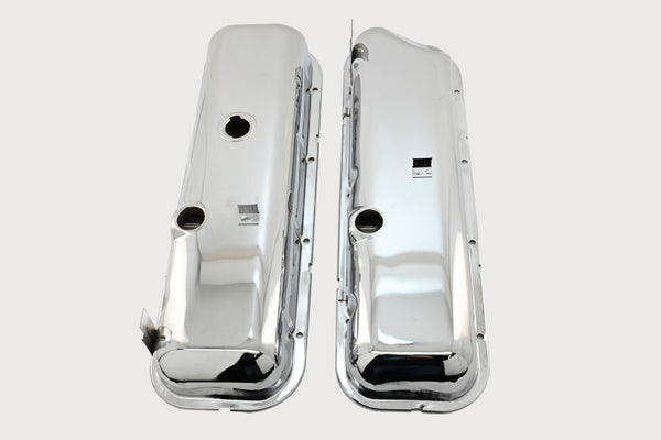Steel OEM‑Style Tall Valve Covers Fits 1965–1972 Chevy BB 396‑427‑454 – Recessed Corner – 1–2 Holes – Chrome
