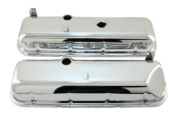Steel OEM‑Style Tall Valve Covers Fits 1965–1972 Chevy BB 396‑427‑454 – Recessed Corner – 1–2 Holes – Chrome