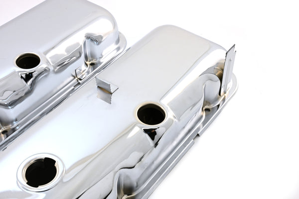 Steel OEM‑Style Tall Valve Covers Fits 1965–1972 Chevy BB 396‑427‑454 – Recessed Corner – 1–2 Holes – Chrome