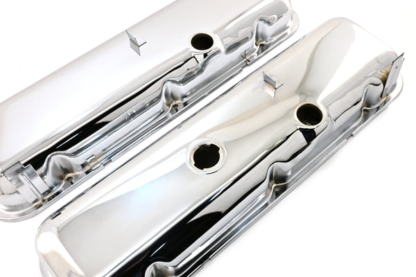 Steel OEM‑Style Tall Valve Covers Fits 1965–1972 Chevy BB 396‑427‑454 – Recessed Corner – 1–2 Holes – Chrome