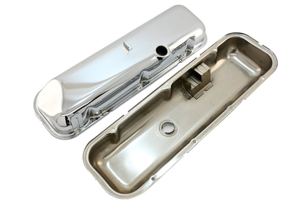 Steel OEM‑Style Tall Valve Covers Fits 1965–1972 Chevy BB 396‑427‑454 – Recessed Corner – 1–2 Holes – Chrome