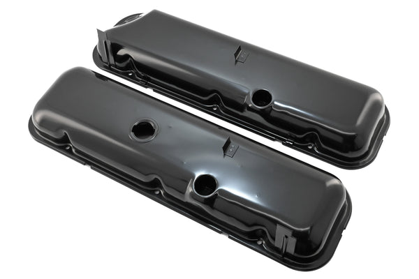 Steel OEM‑Style Short Valve Covers Fits 1965–1972 Chevy BB 396‑427‑454 – Recessed Corner – 1–2 Holes – Black (With Dripper Rails)