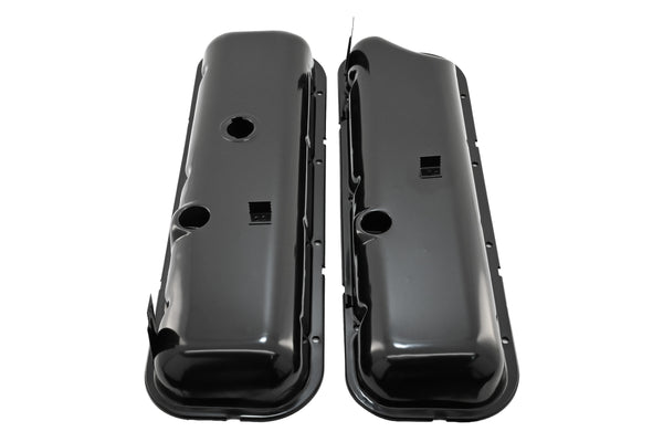 Steel OEM‑Style Short Valve Covers Fits 1965–1972 Chevy BB 396‑427‑454 – Recessed Corner – 1–2 Holes – Black (With Dripper Rails)