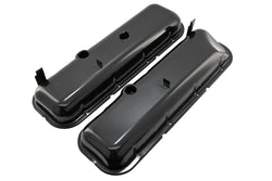 Steel OEM‑Style Short Valve Covers Fits 1965–1972 Chevy BB 396‑427‑454 – Recessed Corner – 1–2 Holes – Black (With Dripper Rails)