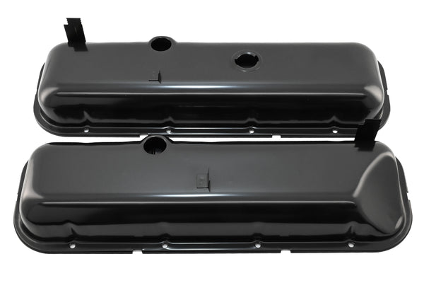 Steel OEM‑Style Short Valve Covers Fits 1965–1972 Chevy BB 396‑427‑454 – Recessed Corner – 1–2 Holes – Black (With Dripper Rails)