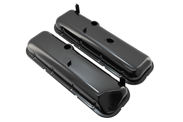 Steel OEM‑Style Short Valve Covers Fits 1965–1972 Chevy BB 396‑427‑454 – Recessed Corner – 1–2 Holes – Black (With Dripper Rails)